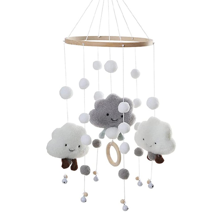 Carusel muzical pentru patut, Omelivon, model nori, cadou nou nascut, botez, Baby Shower, Lemn/Bumbac, Gri