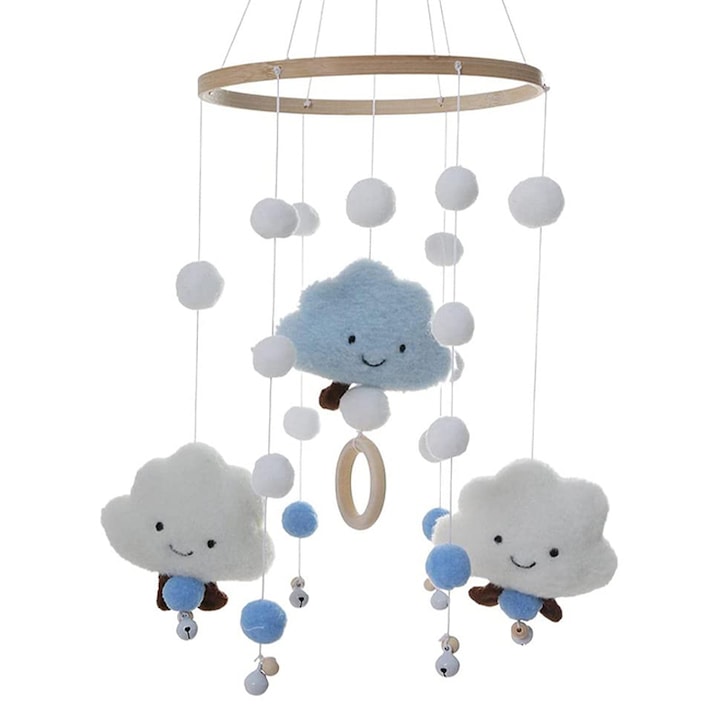 Carusel muzical pentru patut, Omelivon, model nori, cadou nou nascut, botez, Baby Shower, Lemn/Bumbac, Albastru