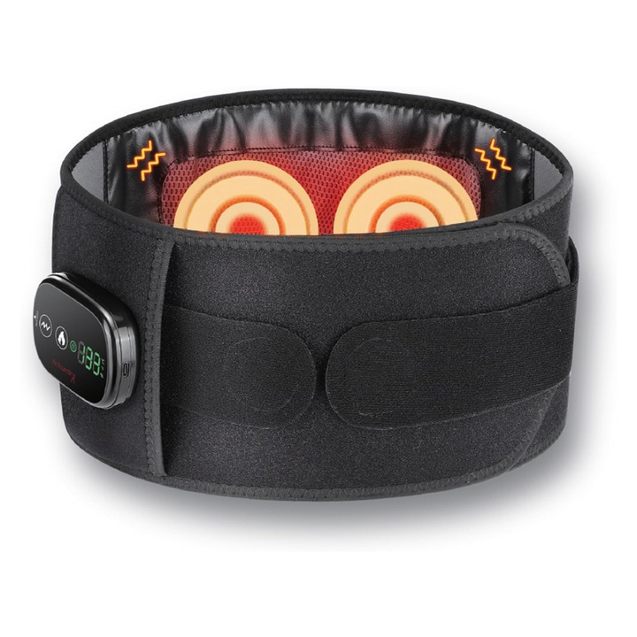 Centura profesionala pentru talie, Omelivon, Amelioreaza durerile din zona lombara si abdominala, Relaxeaza muschii, Ajuta la recuperarea rapida, Reglabila cu 3 viteze de masaj, 5 trepte de intensitate caldura, Destinata adultilor, Negru