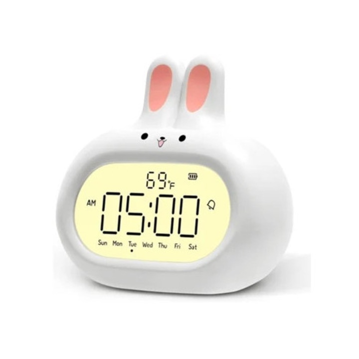 Dekoratív ébresztőóra, nyúl design, ismétlés funkció, hőmérő, többszínű