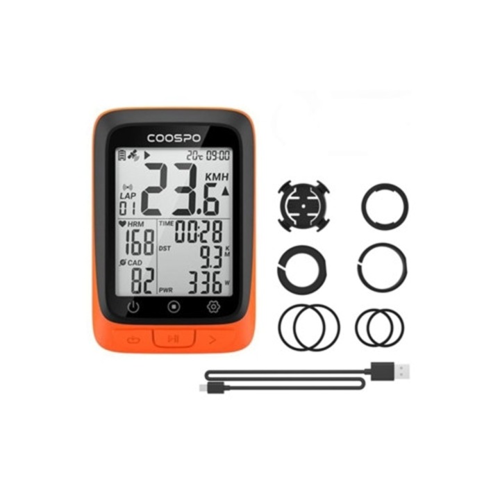 Kerékpár komputer, GPS, LCD kijelző, Bluetooth 2.4, vízálló, narancssárga