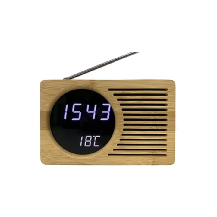 Dekoratív bambusz óra, 6 hüvelykes, LED, FM rádió, fehér