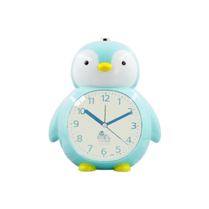 Gyermek ébresztőóra pingvin designnal, éjszakai fénnyel, szundi funkcióval és 2 ébresztővel, kék színben