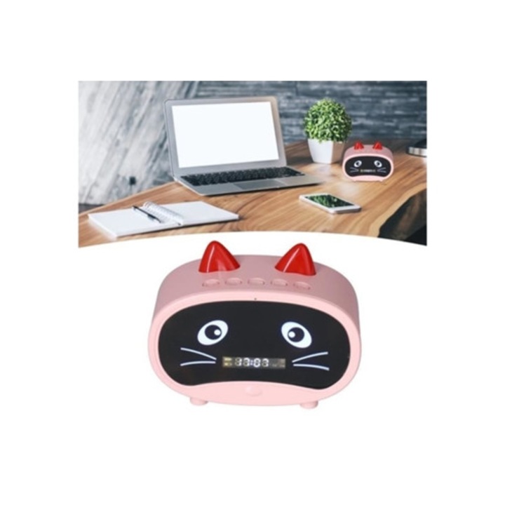 Többfunkciós dekoratív óra, macskafüles design, rózsaszín