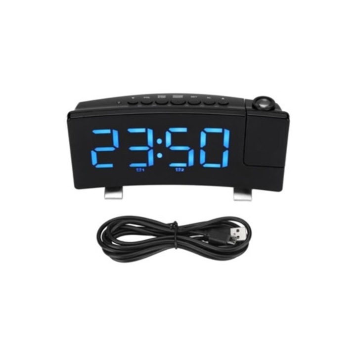 Digitális ébresztőóra 180°-os fal- és mennyezeti vetítéssel, USB-tápellátással, fekete