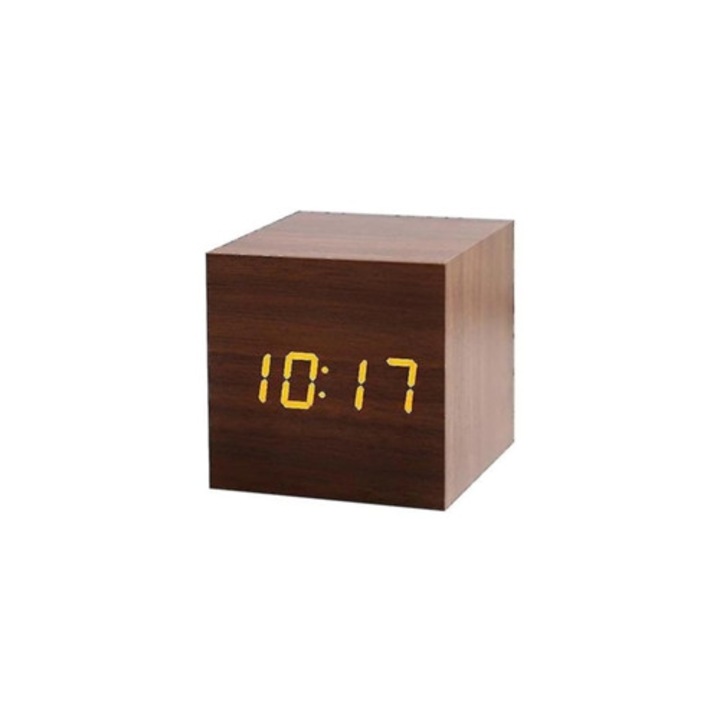 Négyzet alakú digitális ébresztőóra, barna, sárga számokkal