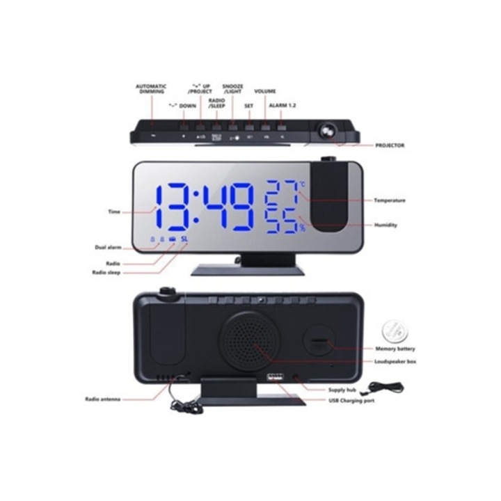 Dekoratív óra LED projektorral és FM rádióval, Hurrise