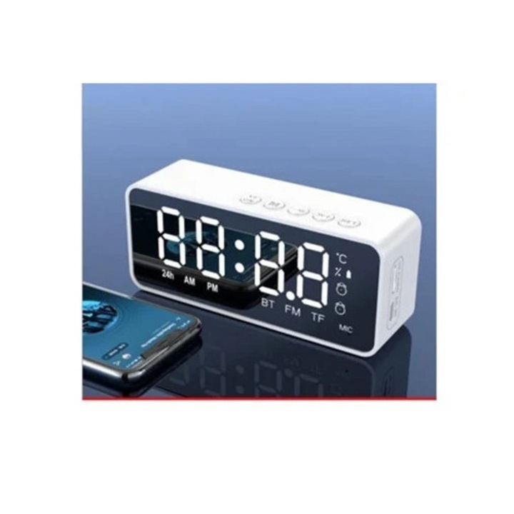 Hurrise BT hordozható digitális ébresztőóra, fehér, műanyag tükörrel