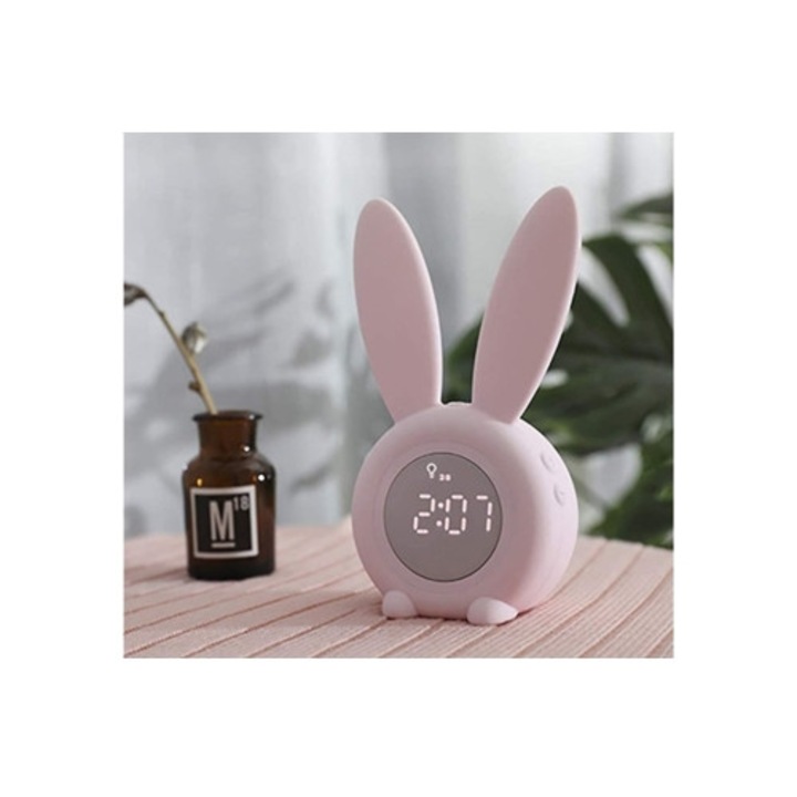 Dekoratív ébresztőóra gyerekeknek, nyuszi alakú, rózsaszín, világítással