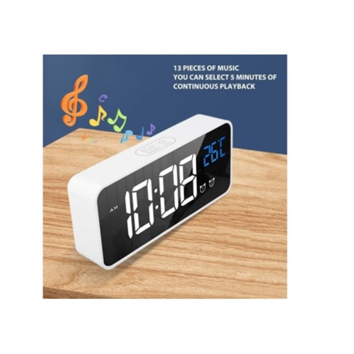 Hurrise dekoratív óra, zenei digitális ébresztőóra, LED tükör, fehér
