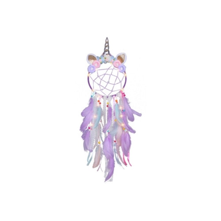 Decoratiune dream catcher cu pene colorate, mov