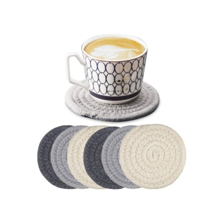 Természetes pamutzsinórból szőtt poháralátét készlet, 6 darabos fém tartóval melegítéshez