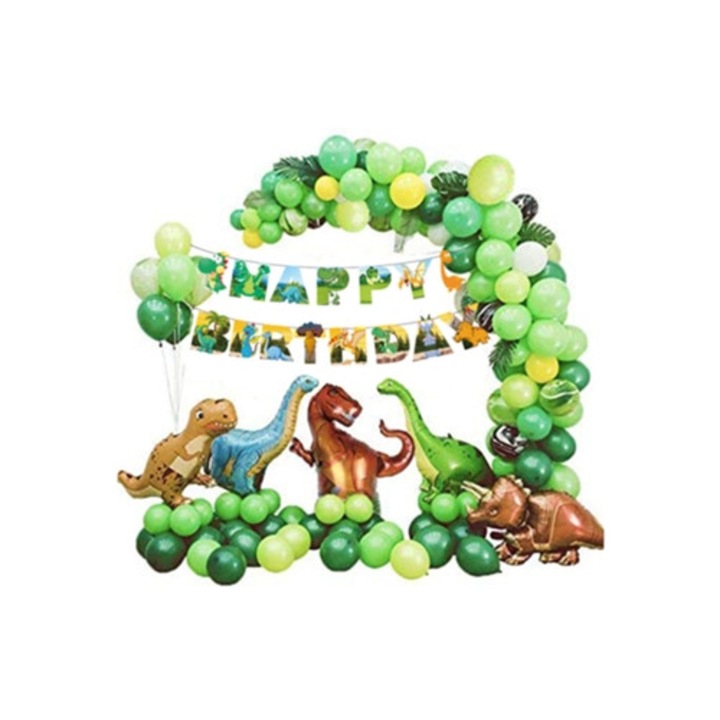 Ballonfüzér készlet bulikhoz, zöld és arany lufik, Jurassic safari téma
