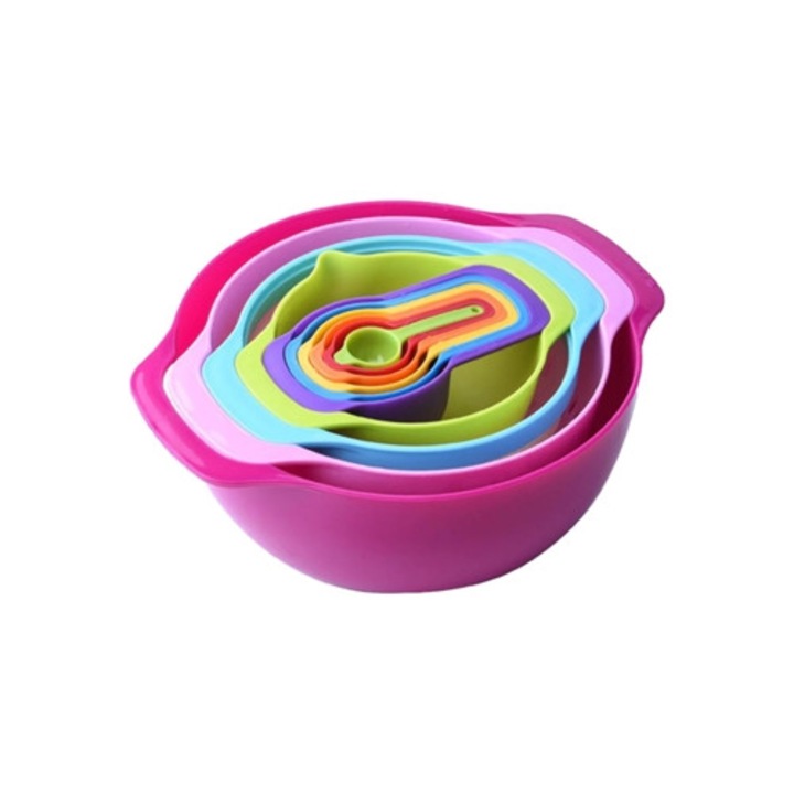 Tálkészlet salátához fogantyúkkal és keverőtállal, mérőkanálkészlet színes szűrőkkel, könnyű BPA-mentes műanyag