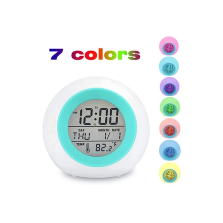 Dekoratív digitális óra, 7 szín, hőmérő