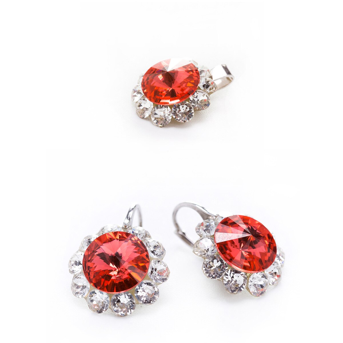 Set Argint DaviCrystals cu cristale cercei floarea soarelui cu leverback mic si pandantiv padparadscha