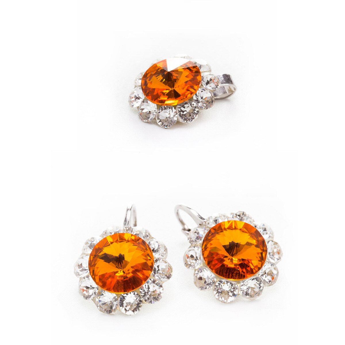 Set Argint DaviCrystals cu cristale cercei floarea soarelui cu leverback mic si pandantiv tangerine