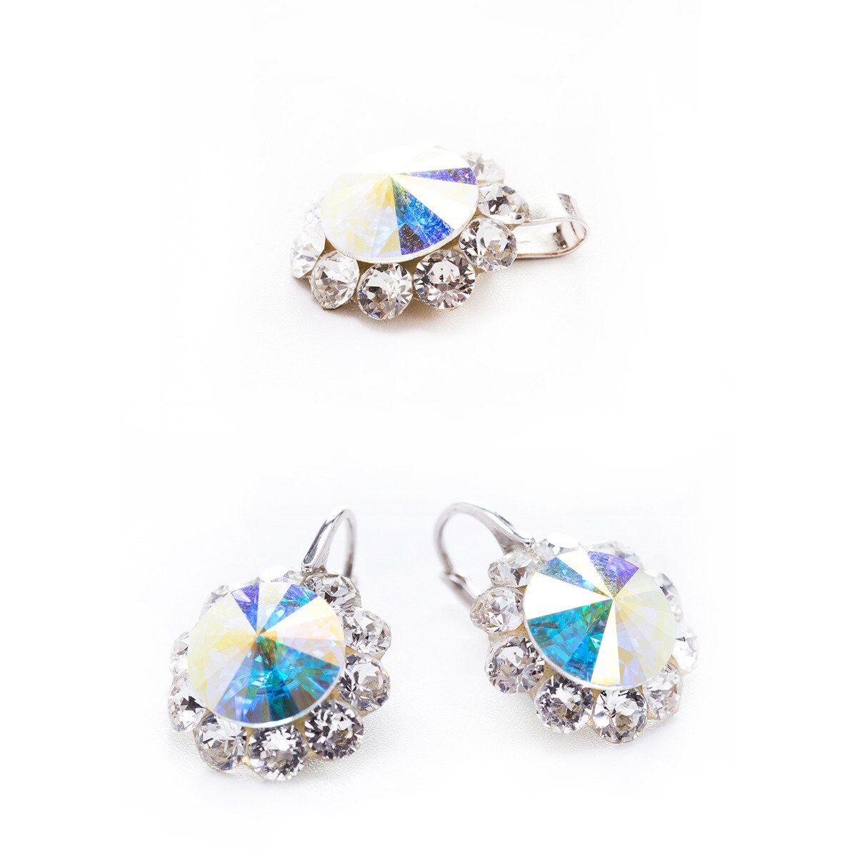 Set Argint DaviCrystals cu cristale cercei floarea soarelui cu leverback mic si pandantiv aurore boreale