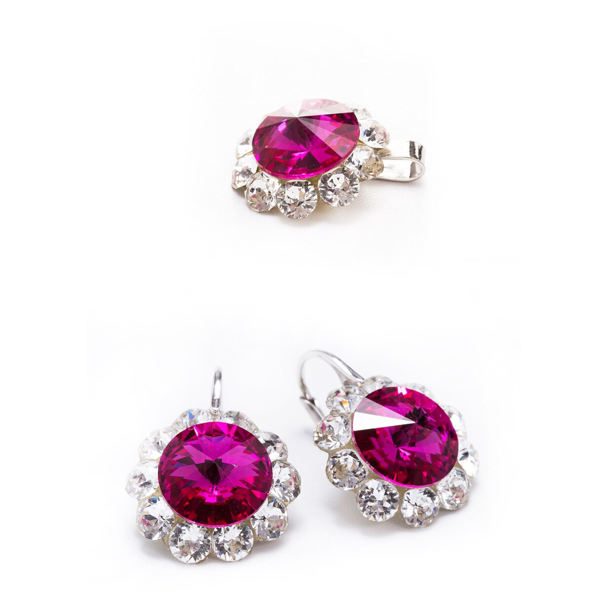 Set Argint DaviCrystals cu cristale cercei floarea soarelui cu leverback mic si pandantiv fuchsia