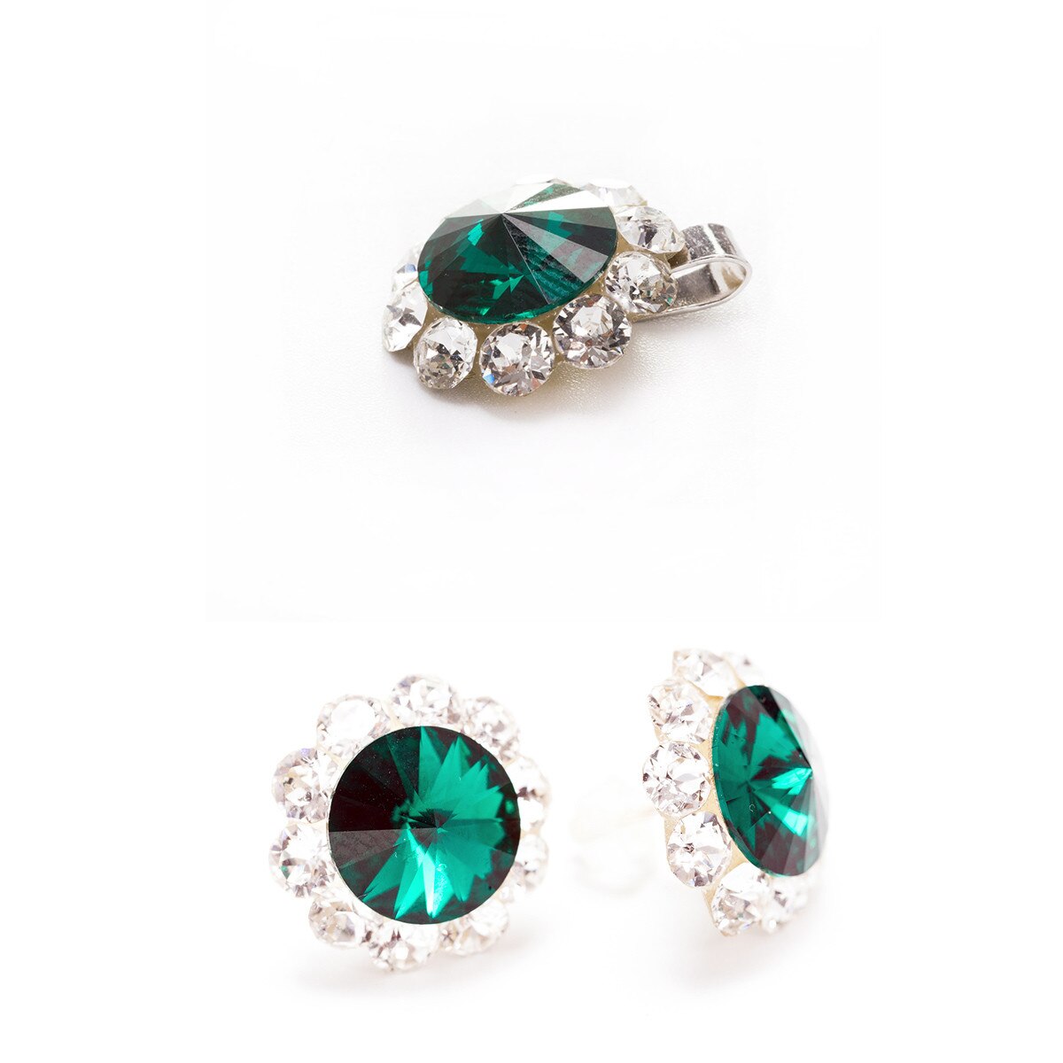 Set Argint DaviCrystals cu cristale cercei floarea soarelui cu tija si pandantiv emerald