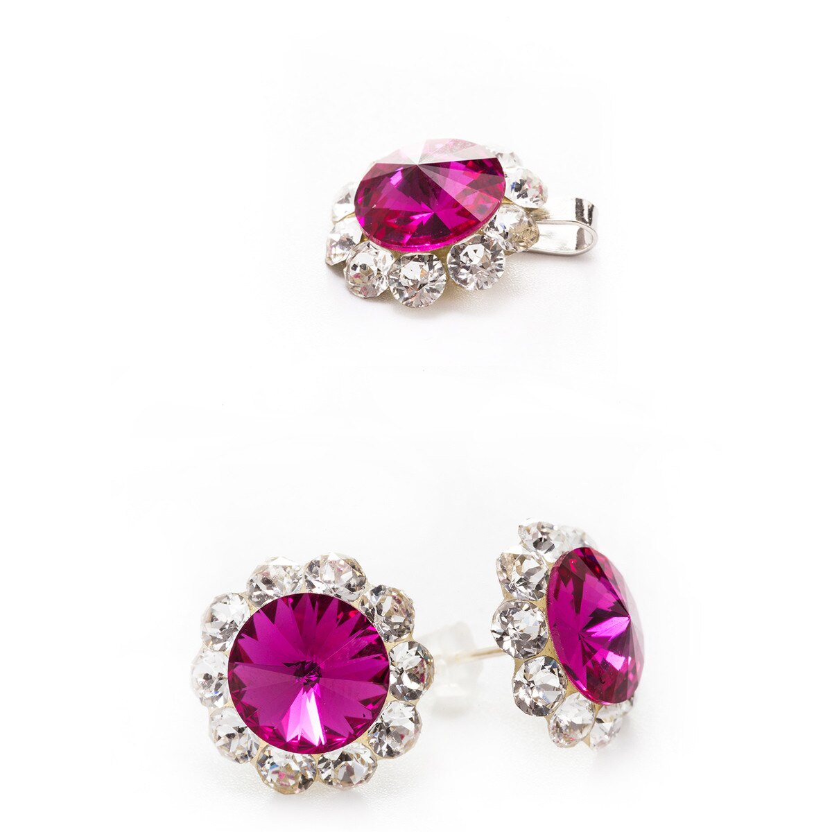 Set Argint DaviCrystals cu cristale cercei floarea soarelui cu tija si pandantiv fuchsia