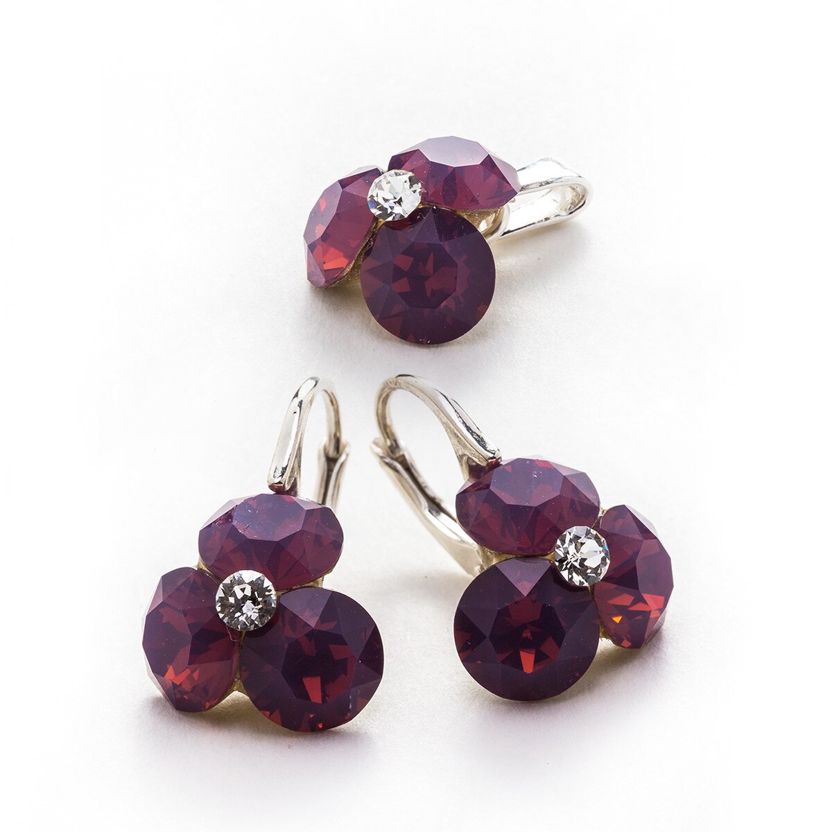 Set Argint DaviCrystals cu cristale cercei trifoi cu leverback mic si pandantiv cyclamen opal
