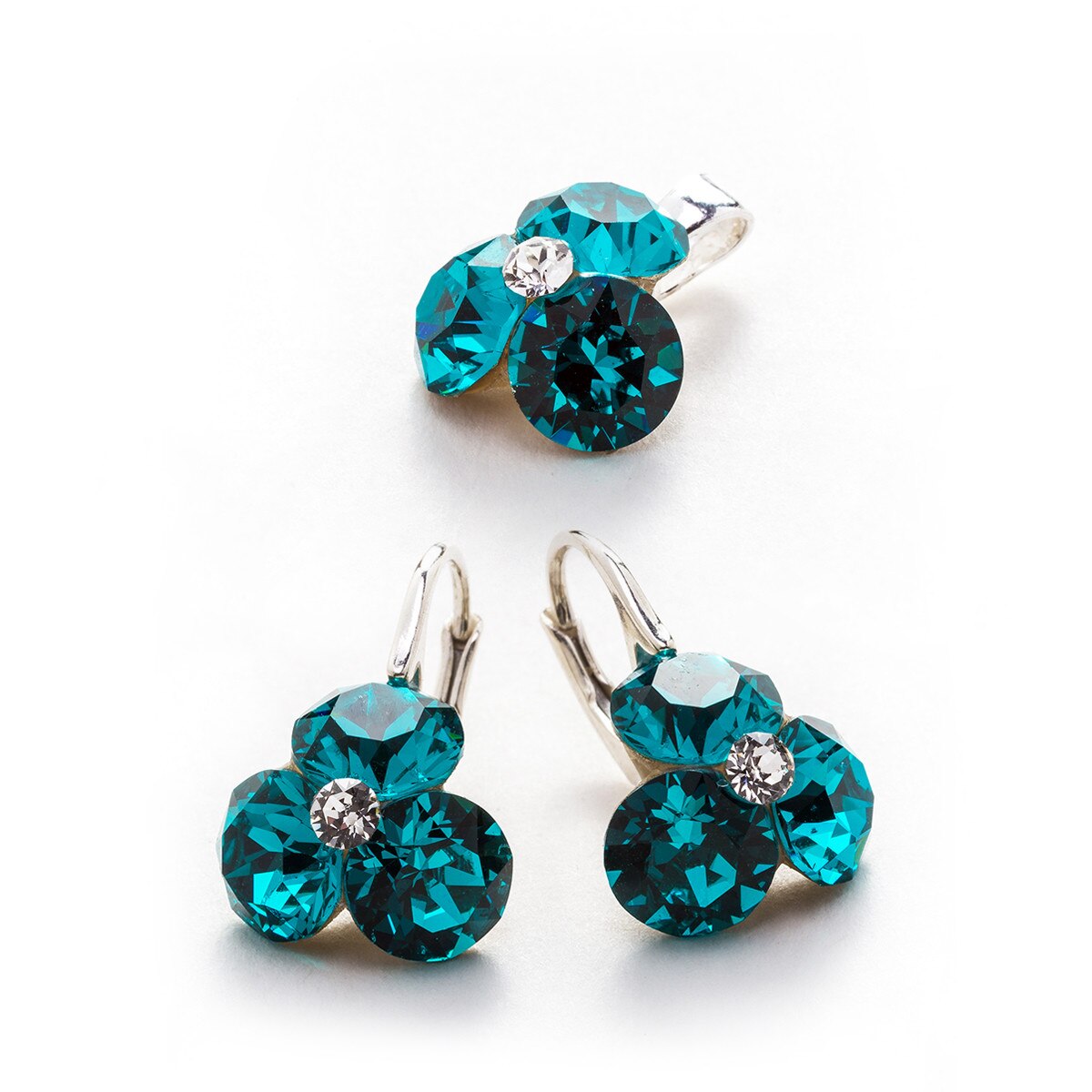 Set Argint DaviCrystals cu cristale cercei trifoi cu leverback mic si pandantiv blue zircon
