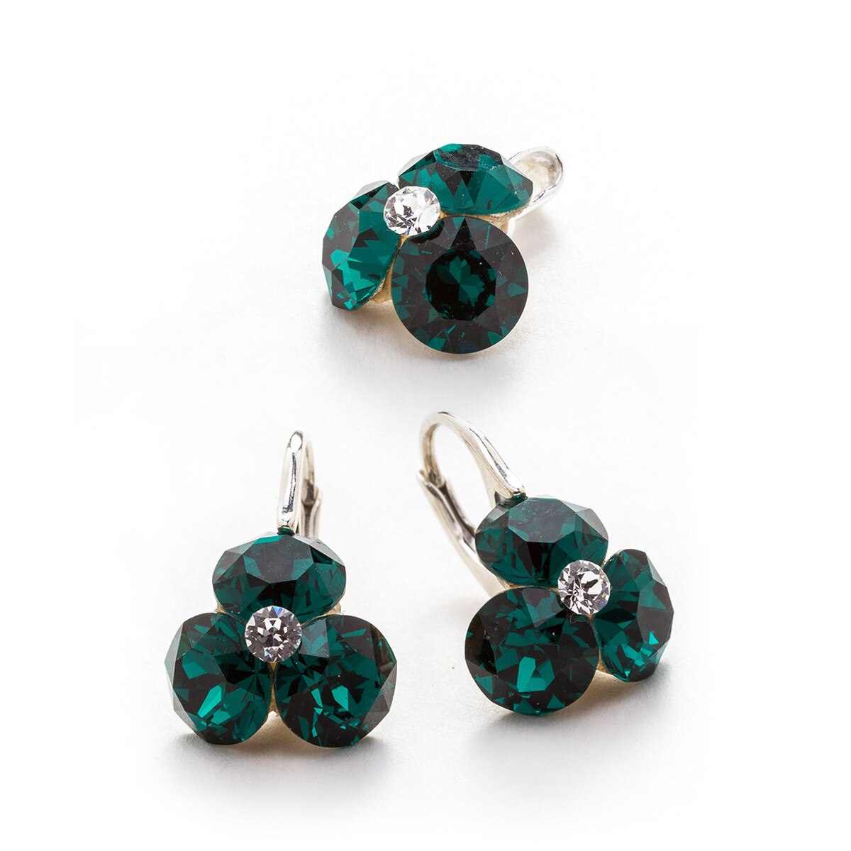 Set Argint DaviCrystals cu cristale cercei trifoi cu leverback mic si pandantiv emerald