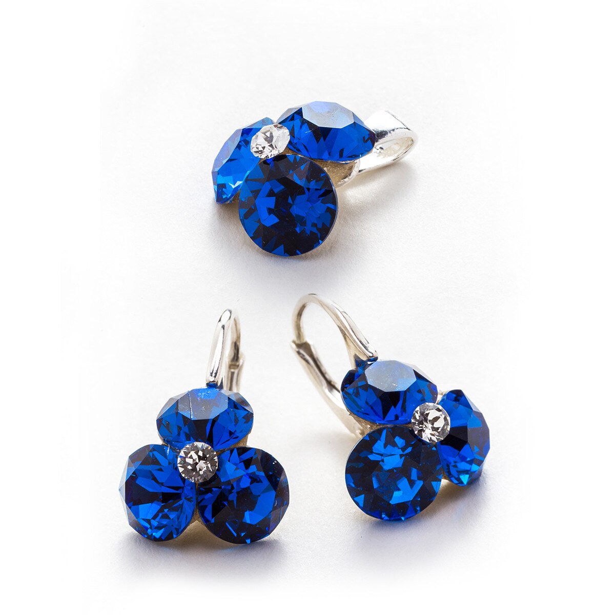 Set Argint DaviCrystals cu cristale cercei trifoi cu leverback mic si pandantiv capri blue