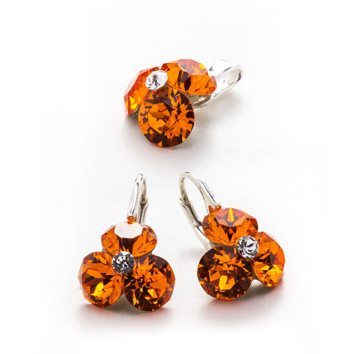 Set Argint DaviCrystals cu cristale cercei trifoi cu leverback mic si pandantiv tangerine