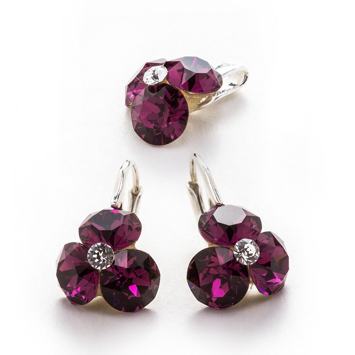 Set Argint DaviCrystals cu cristale cercei trifoi cu leverback mic si pandantiv amethyst