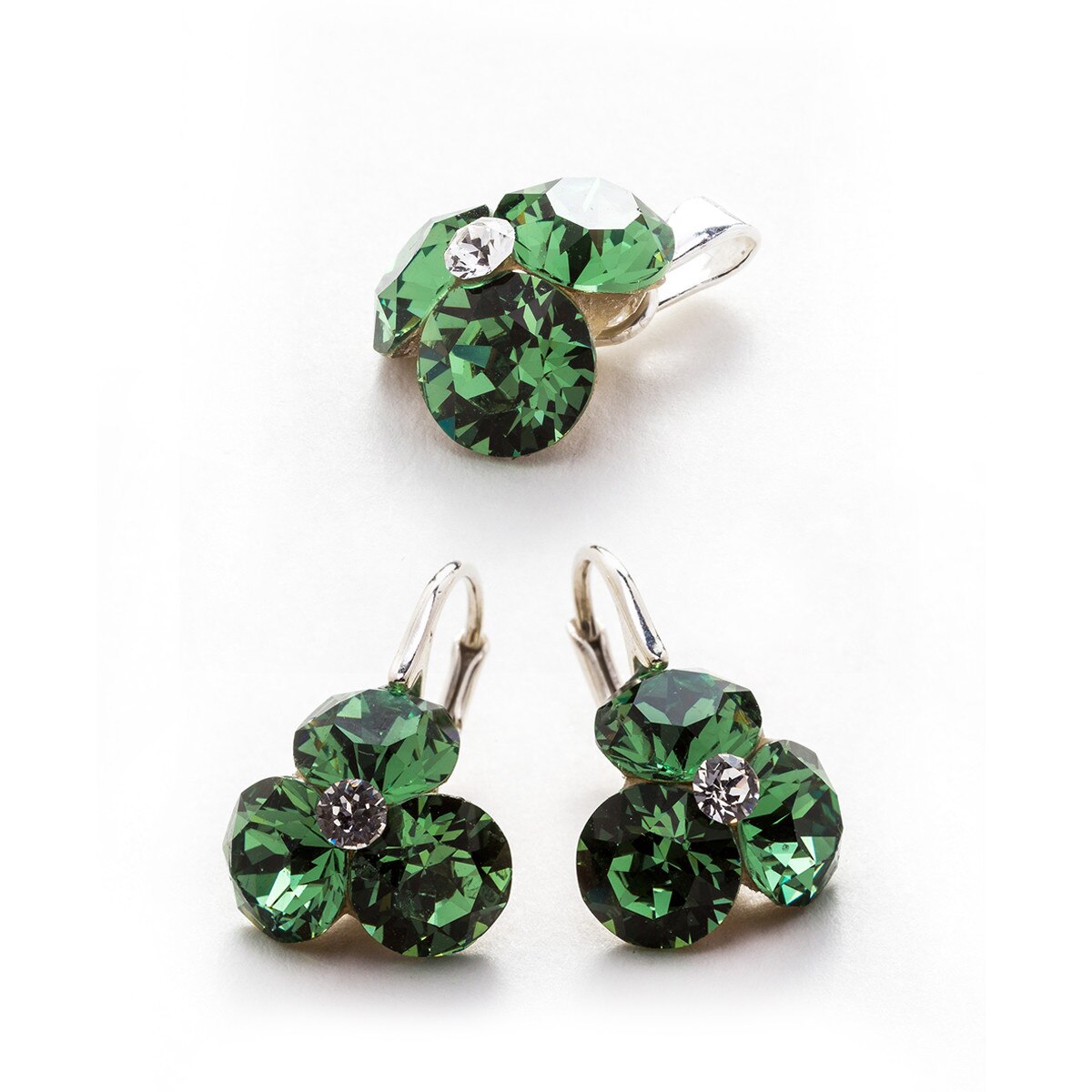 Set Argint DaviCrystals cu cristale cercei trifoi cu leverback mic si pandantiv ernite