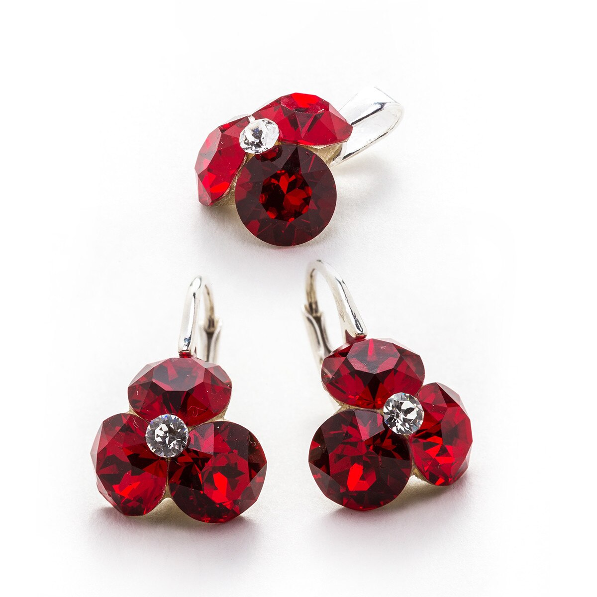 Set Argint DaviCrystals cu cristale cercei trifoi cu leverback mic si pandantiv siam