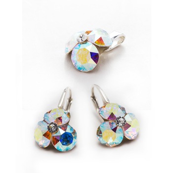 Set Argint DaviCrystals cu cristale cercei trifoi cu leverback mic si pandantiv aurore boreale Set Argint DaviCrystals cu cristale cercei trifoi cu leverback mic si pandantiv aurore boreale