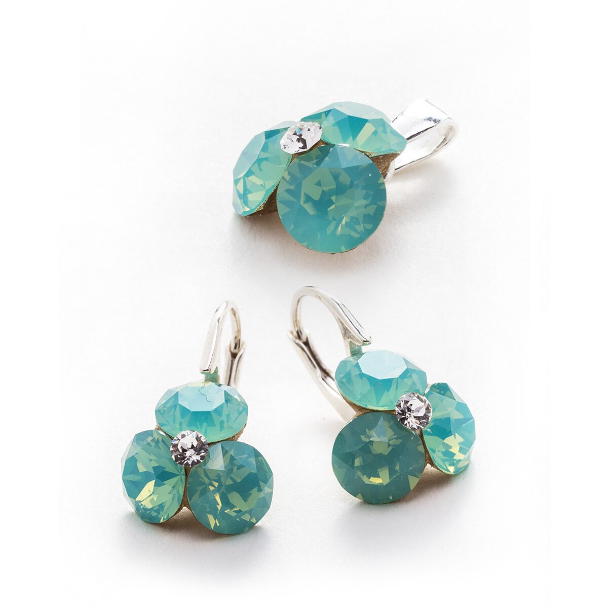 Set Argint DaviCrystals cu cristale cercei trifoi cu leverback mic si pandantiv pacific opal