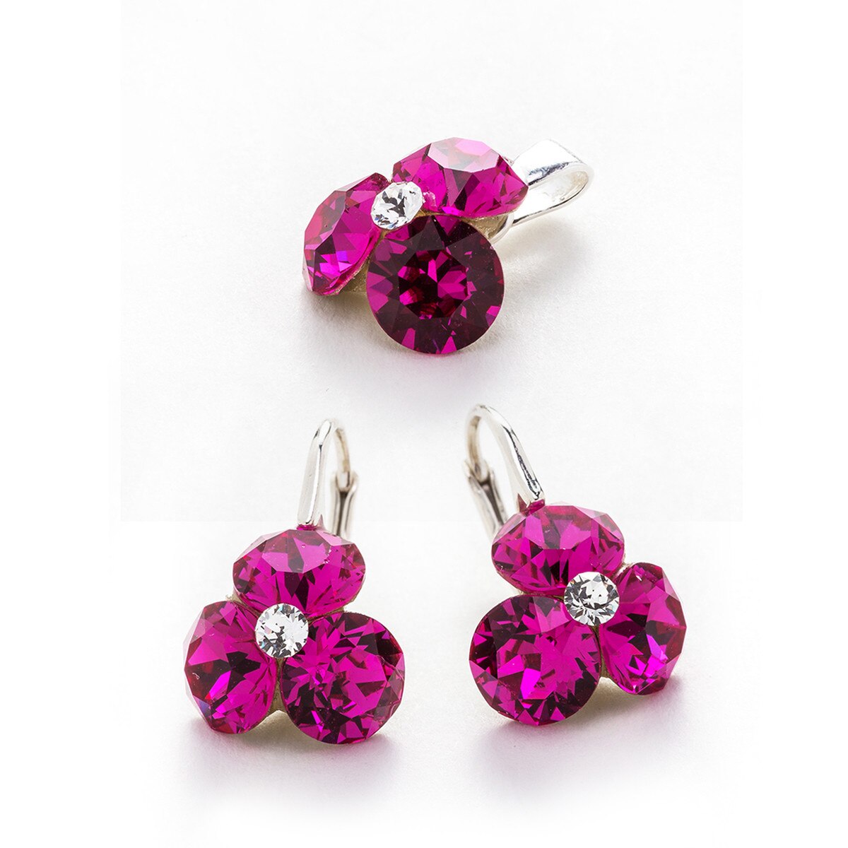 Set Argint DaviCrystals cu cristale cercei trifoi cu leverback mic si pandantiv fuchsia