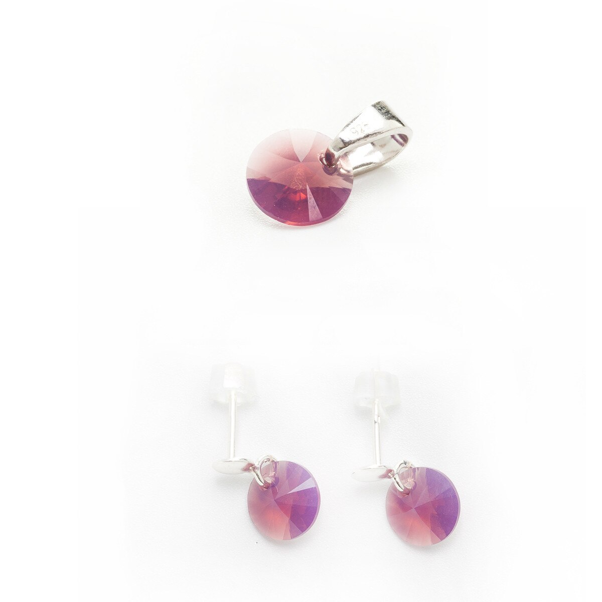 Set Argint DaviCrystals cu cristale cercei cu tija cu biluta si pandantiv cyclamen opal