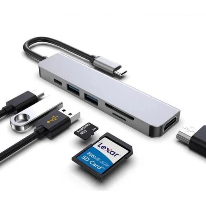 USB C хъб 6 в 1, 4K HDMI, 2 USB 3.0 порта, четец на SD/TF карти, 87W PD