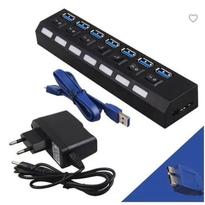 USB 3.0 хъб със 7 порта, индивидуални превключватели, за лаптоп/настолен компютър