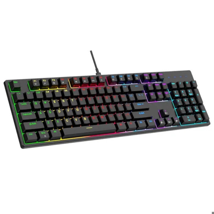 Tastatura mecanica gaming 104 taste QWERTY, comutatoare albastre, 16 efecte de iluminare, multicolor