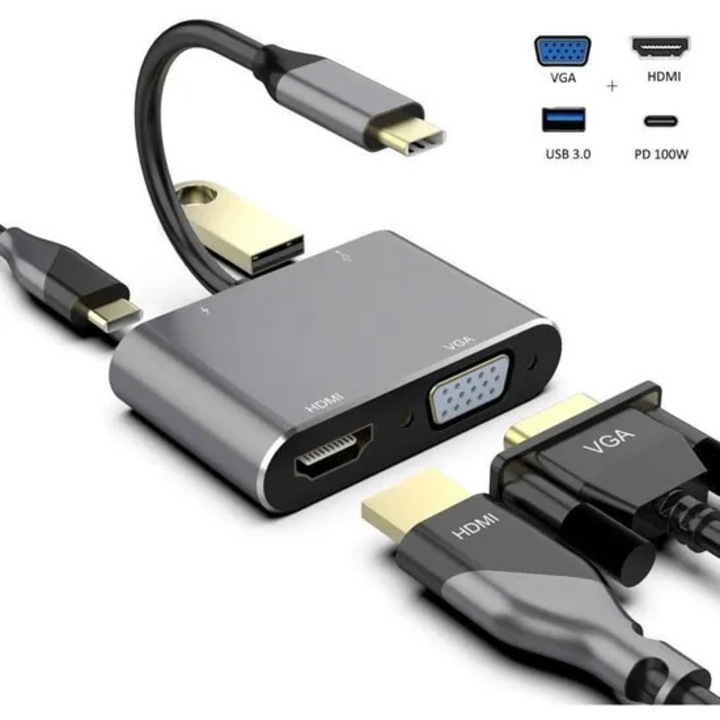 Többportos Type C adapter VGA HDMI USB 3.0, 100W PD, 4K, készlet