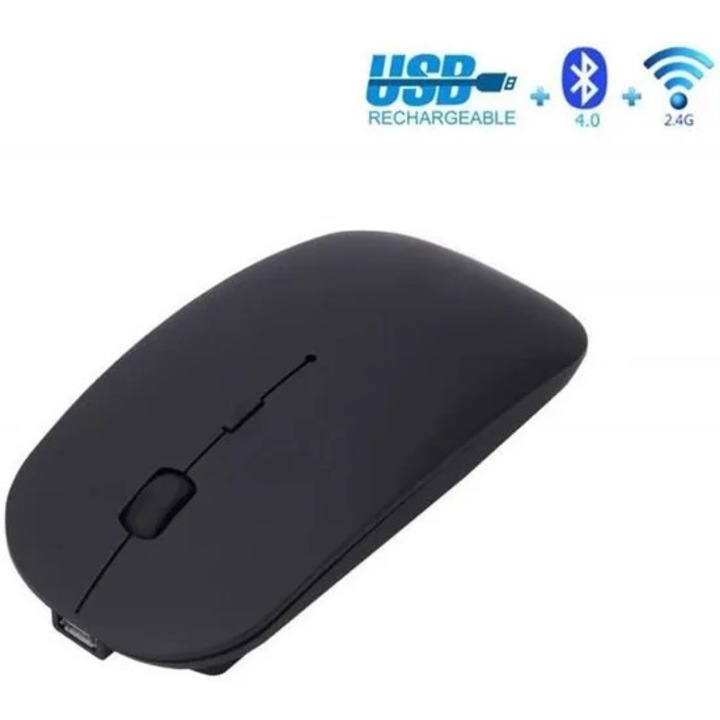 Mouse wireless 2.4GHz, dual mod, reincarcabil, clic silentios, compatibil PC