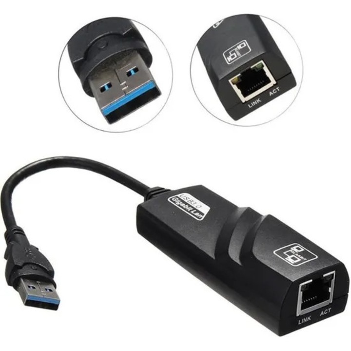 Adaptor Ethernet USB 3.0, Gigabit RJ45, 10/100/1000Mbps, 3 porturi USB 3.0, negru