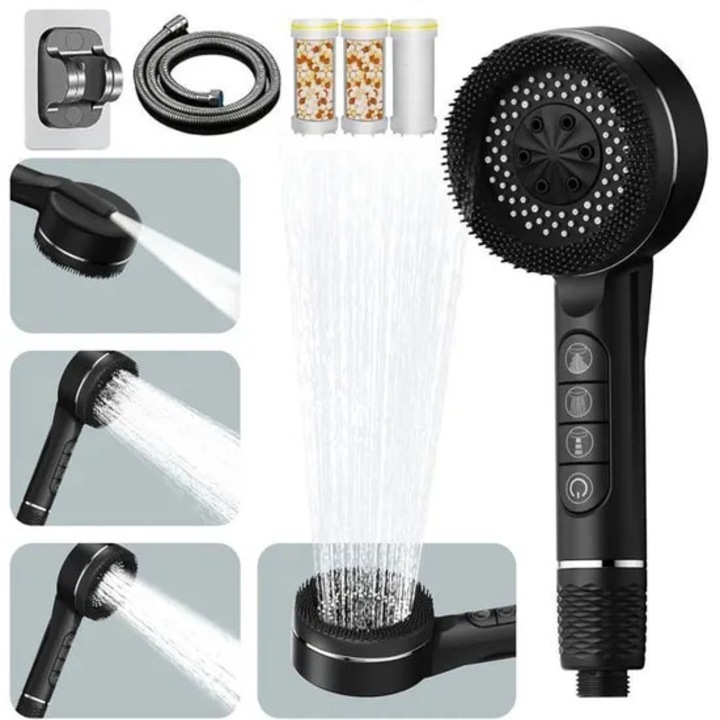 Robinet de dus, 4 moduri, 1 suport, furtun 1.5m, 3 filtre, negru