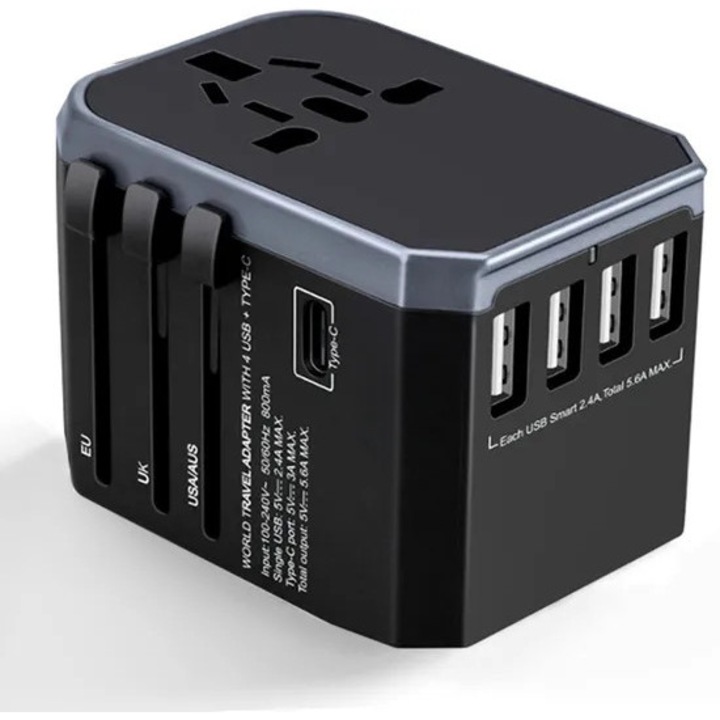 Универсален адаптер за пътуване с 4 USB 5.6A и 1 USB C, комплект