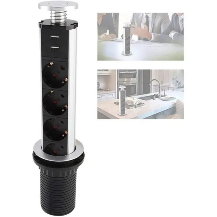 Behúzható aljzat, 4 konnektor + 2 USB, 3500 W, modern design, YIKXIULF