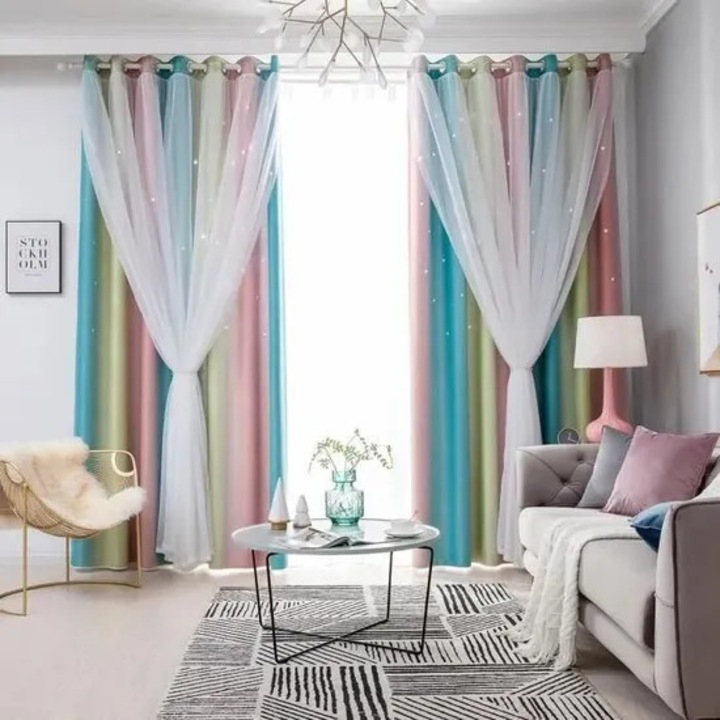 Set draperii blackout cu doua straturi, roz, 100x250cm, cu stele decorative