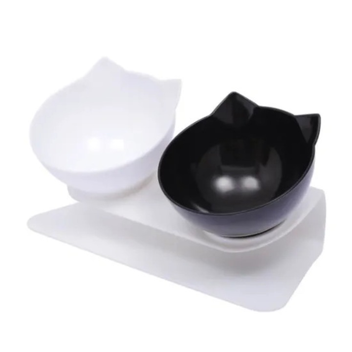 Castron dublu pentru pisici, negru alb, 2 compartimente, antiderapant