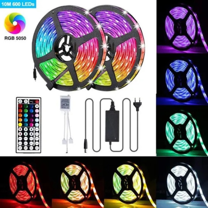 Banda LED 10m 5050 RGB 600 LEDs IP65 cu telecomanda IR 44 chei si alimentare 12V 5A