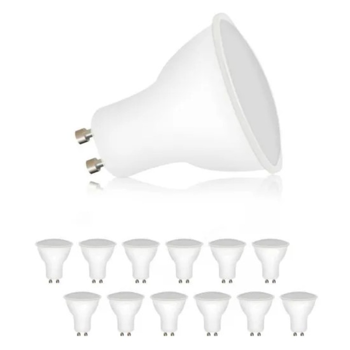 Set 10 becuri LED GU10, 8W, 800 lumeni, Alb Rece 6500K, 120°